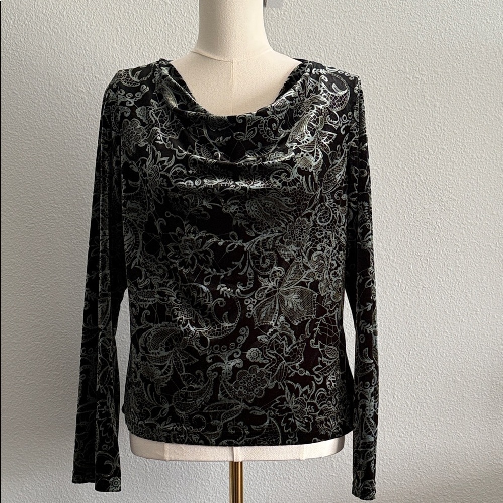 Biggs New York Vintage-Inspired Black & Green Cowl Neck Top  Size L